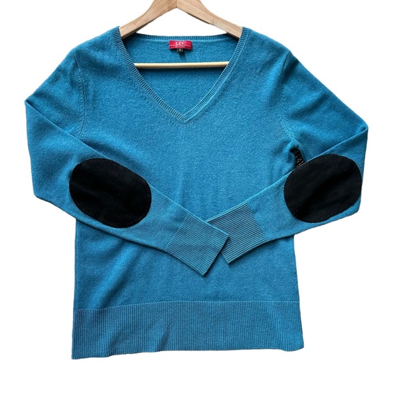 LIV‎ Collection Womens Blue V-Neck Cashmere Long Sleeve Sweater with Elbow Patch - Picture 1 of 12